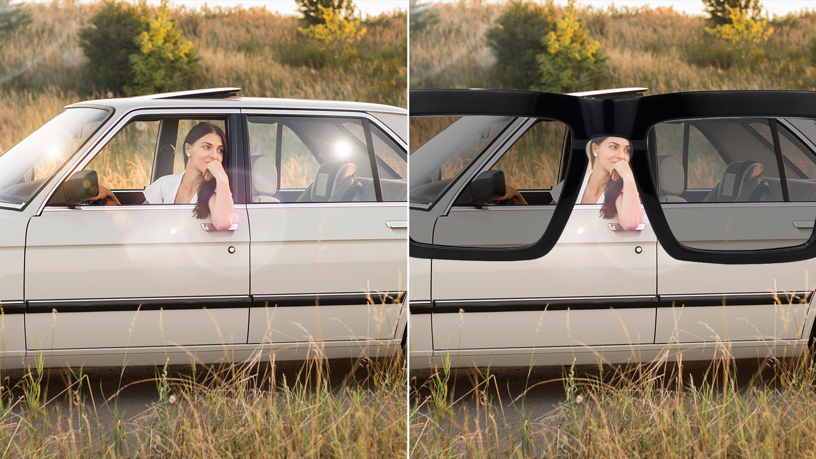 A before-and-after comparison showing a car window with intense sun glare on the left, and the same scene viewed through polarized sunglasses on the right, with the glare completely eliminated.