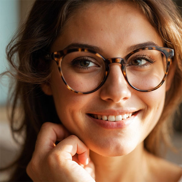 Young woman with hazel eyes, wearing stylish tortoiseshell round glasses, smiling warmly while resting her chin on her hand