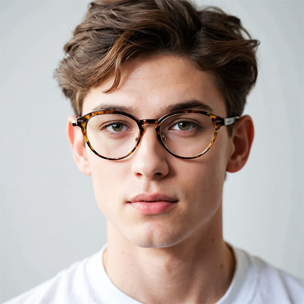 Curly hair brown eyes wear tortoise shell glasses 1