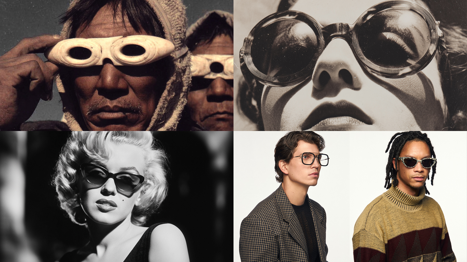 A collage showing the history of sunglasses, from Inuit snow goggles and vintage fashion to modern styles.