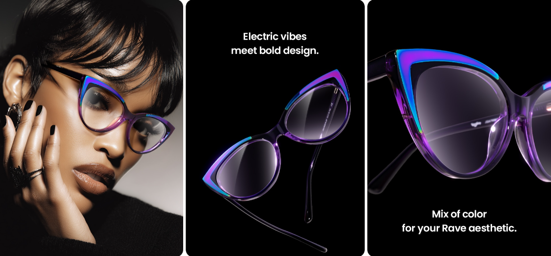 A woman wearing bold, iridescent purple cat-eye glasses, an example for a rave aesthetic.