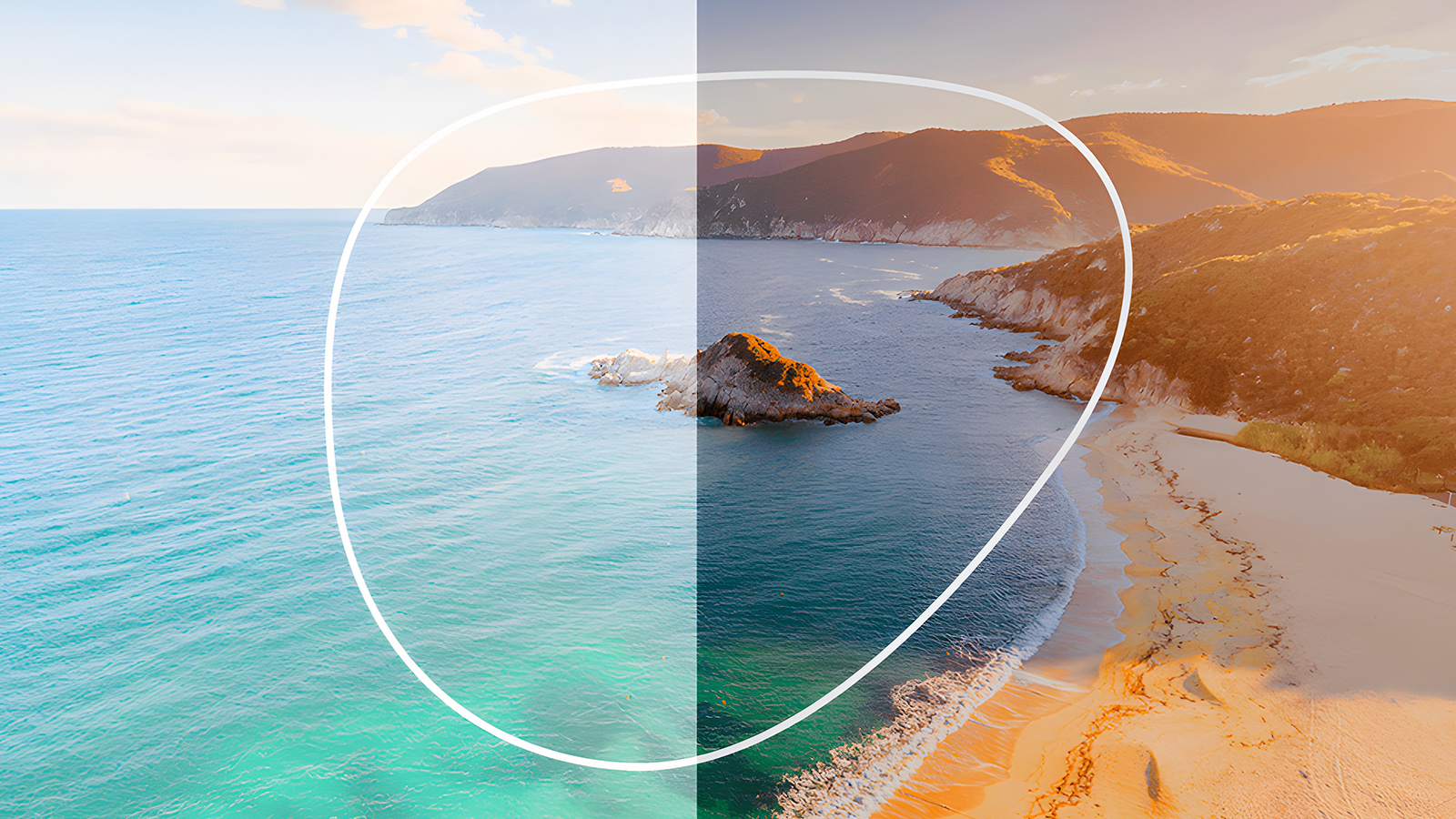 A split-view of a sunny coastline, showing how a polarized lens cuts through glare to reveal vibrant colors and clear details compared to the washed-out non-polarized view.