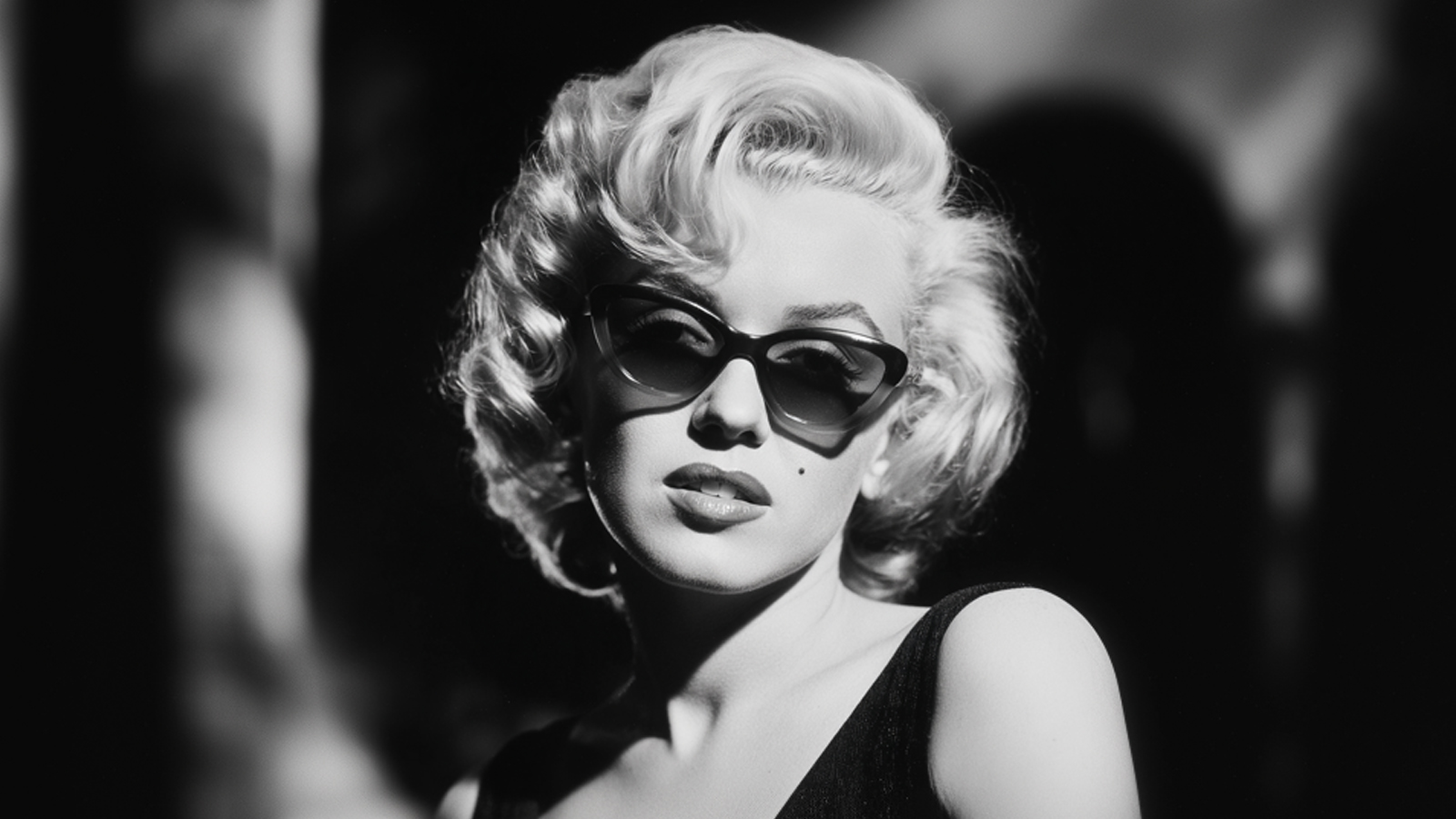 A classic black and white photo of Marilyn Monroe wearing iconic cat-eye sunglasses, showcasing Hollywood's influence on eyewear trends.