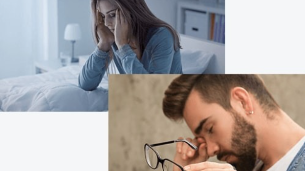 A composite image illustrating symptoms of excessive blue light exposure, showing a woman struggling with insomnia in bed and a man rubbing his tired, strained eyes.