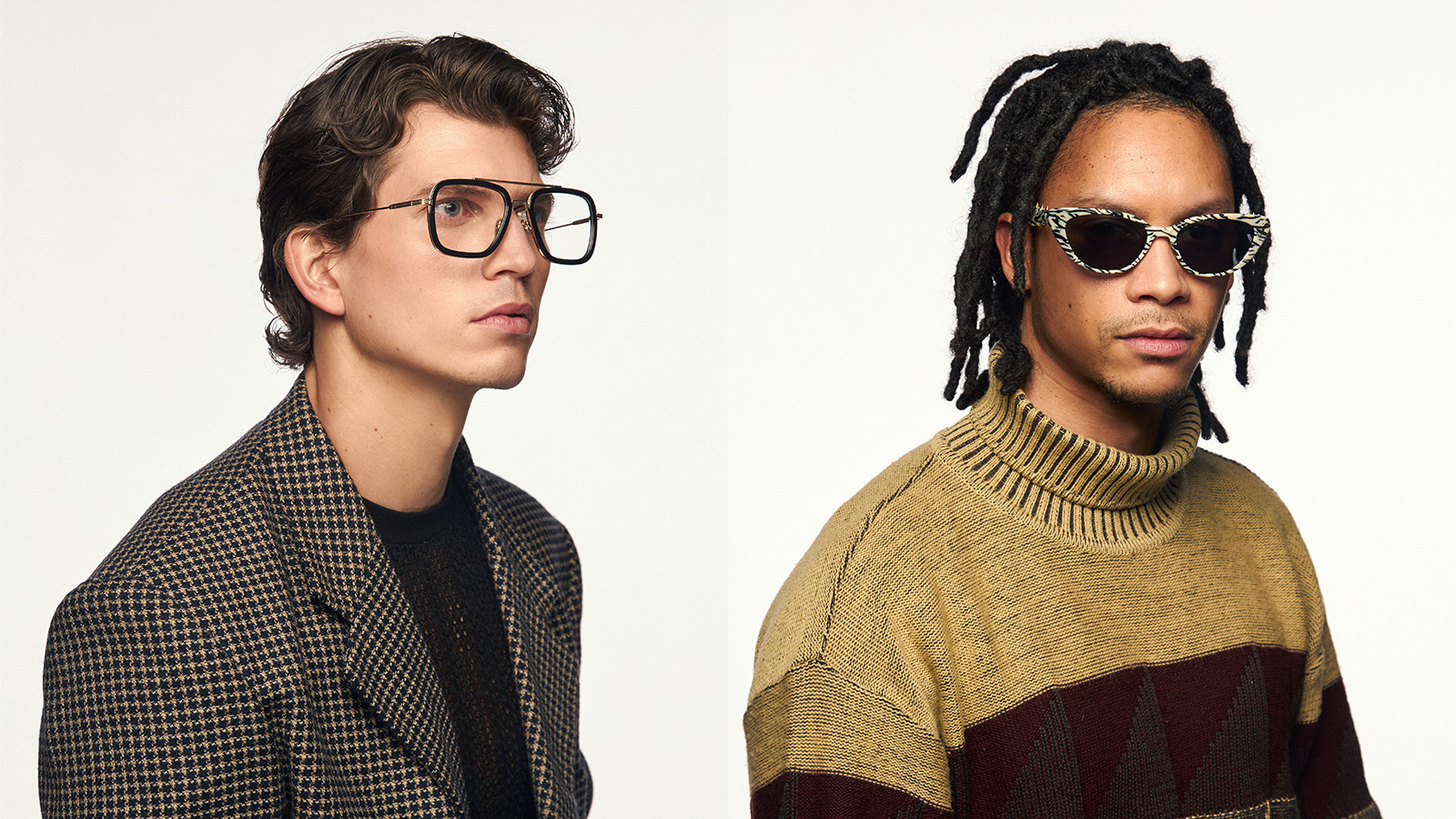Two men model modern eyewear, one with aviator glasses and the other with patterned sunglasses, representing contemporary self-expression.
