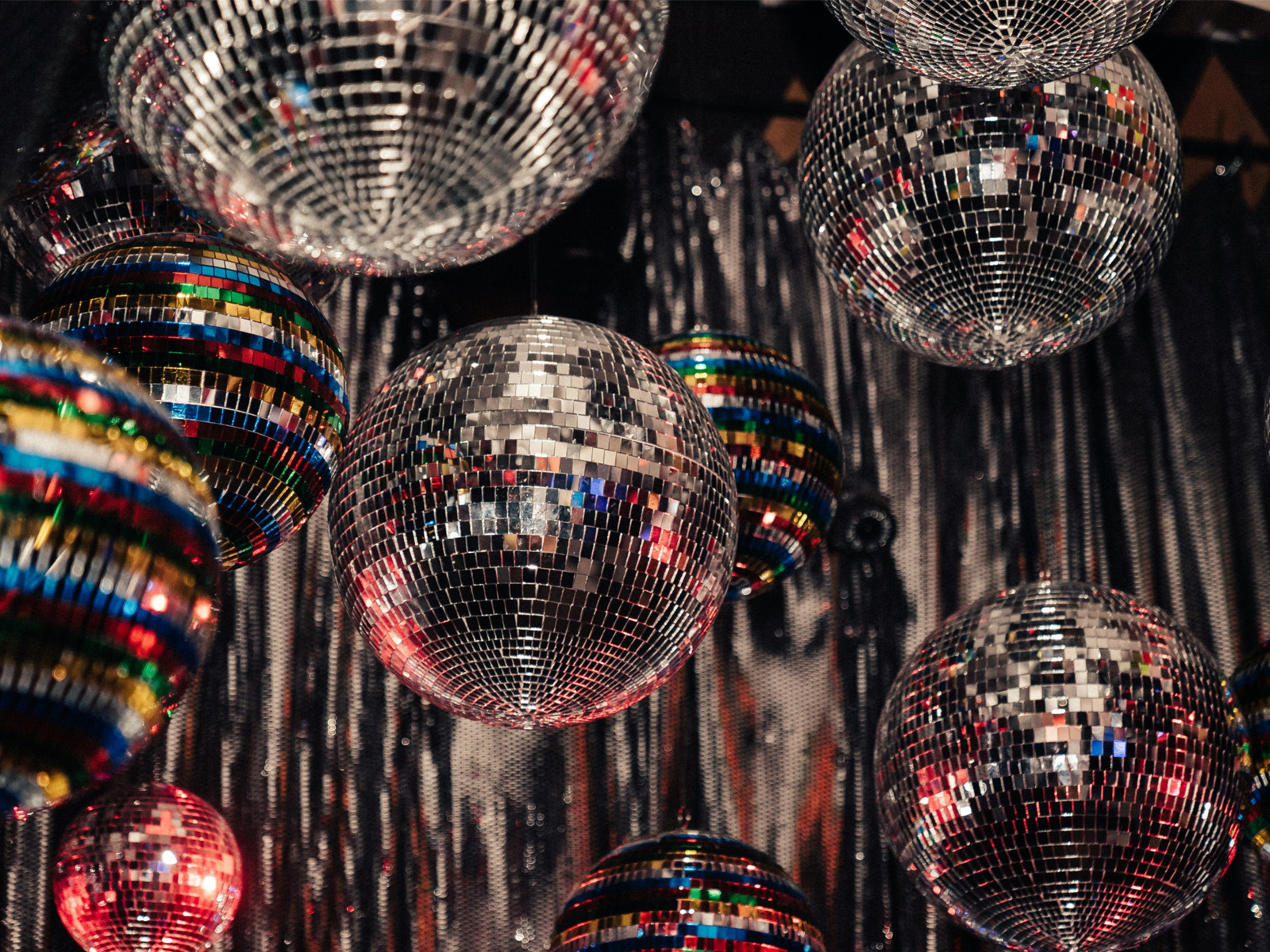 Several hanging disco balls