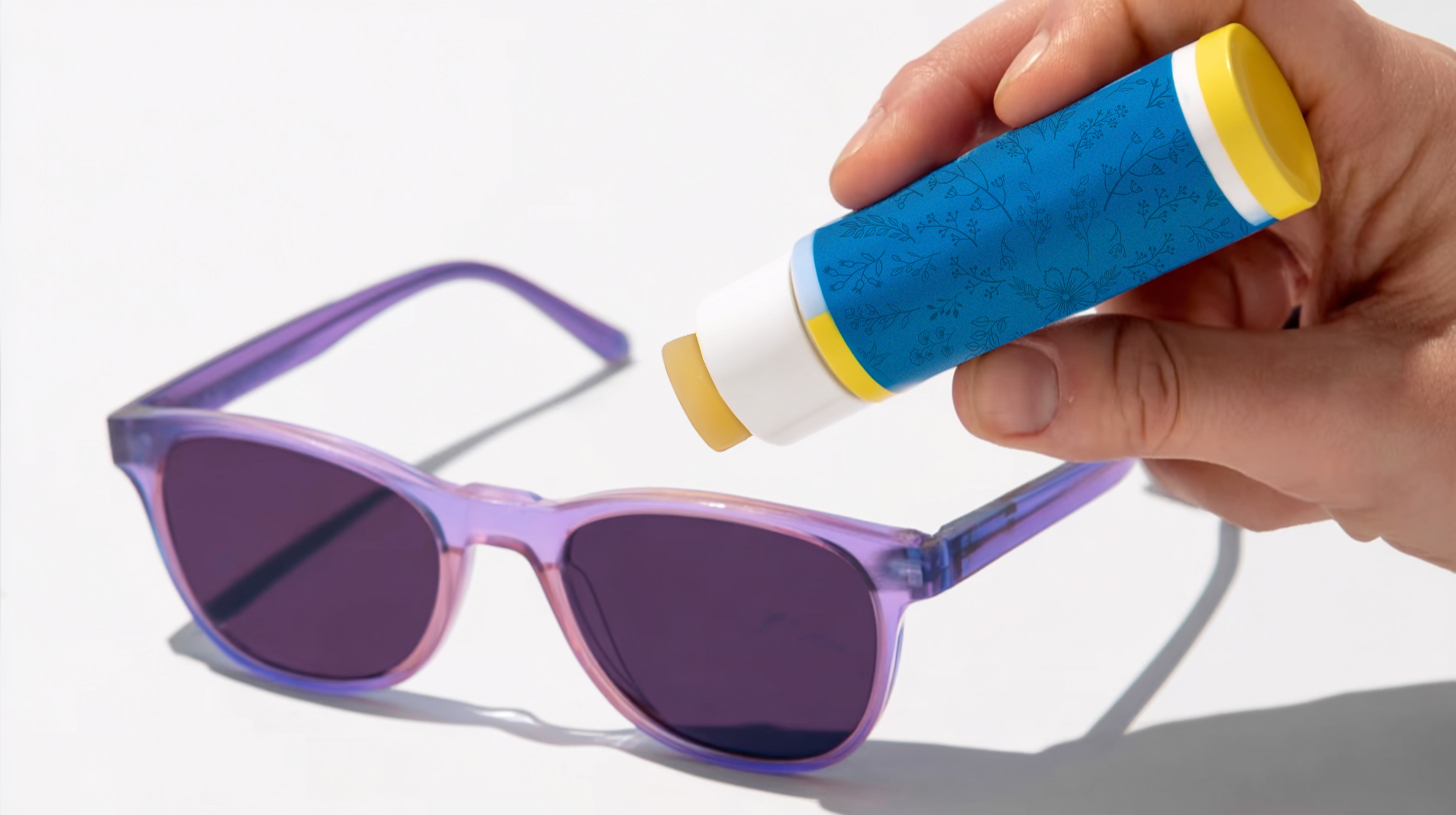 A hand holding a tube of eyewear wax, applying a small amount to the bridge area of a pair of purple-framed sunglasses resting on a white surface.