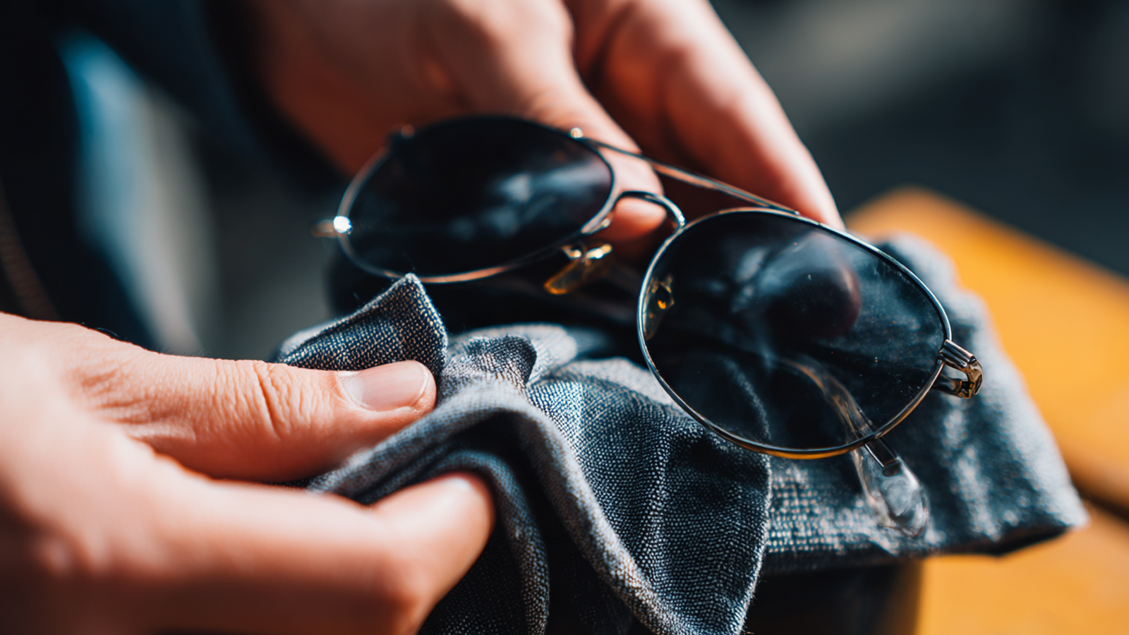 A person's hands carefully polishing the lenses of a pair of sunglasses with a lint-free microfiber cloth to prevent scratches.