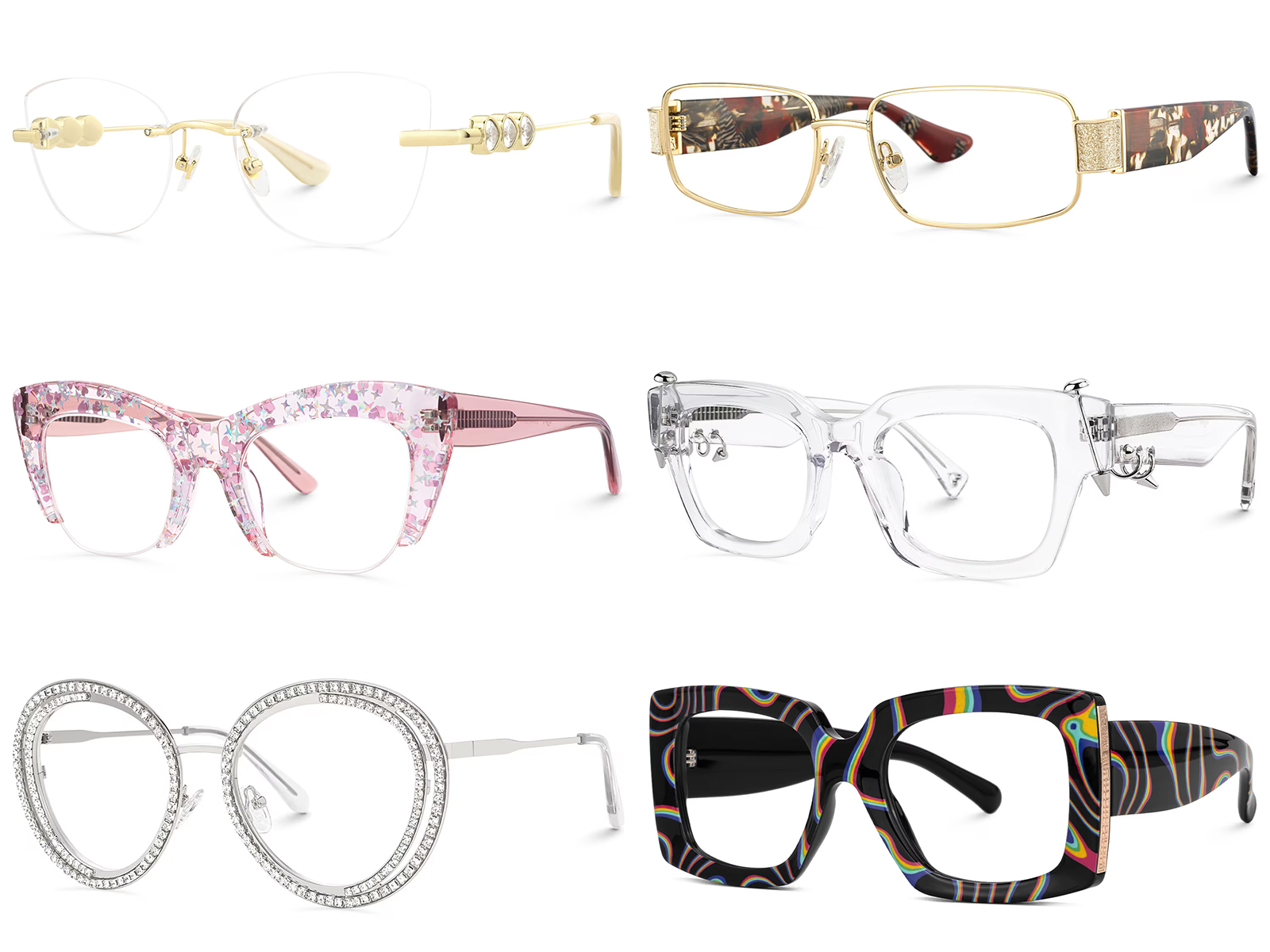 A collage of six different stylish and bold eyeglass frames, including decorative, semi-rimless, and colorful designs, suitable for pairing with high-index lenses.