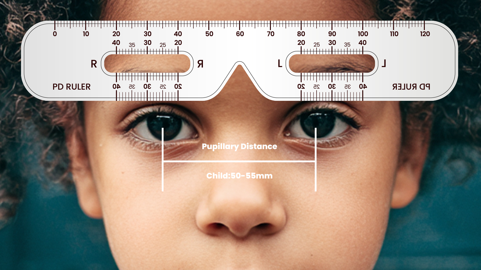 An illustration showing how to measure a child's pupillary distance, with a PD ruler held up to their eyes.
