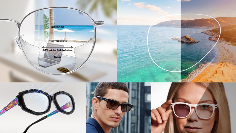 A collage illustrating different types of spectacle lenses, including a diagram of progressive zones, a demonstration of photochromic and blue-light filtering lenses, and examples of tinted lenses.