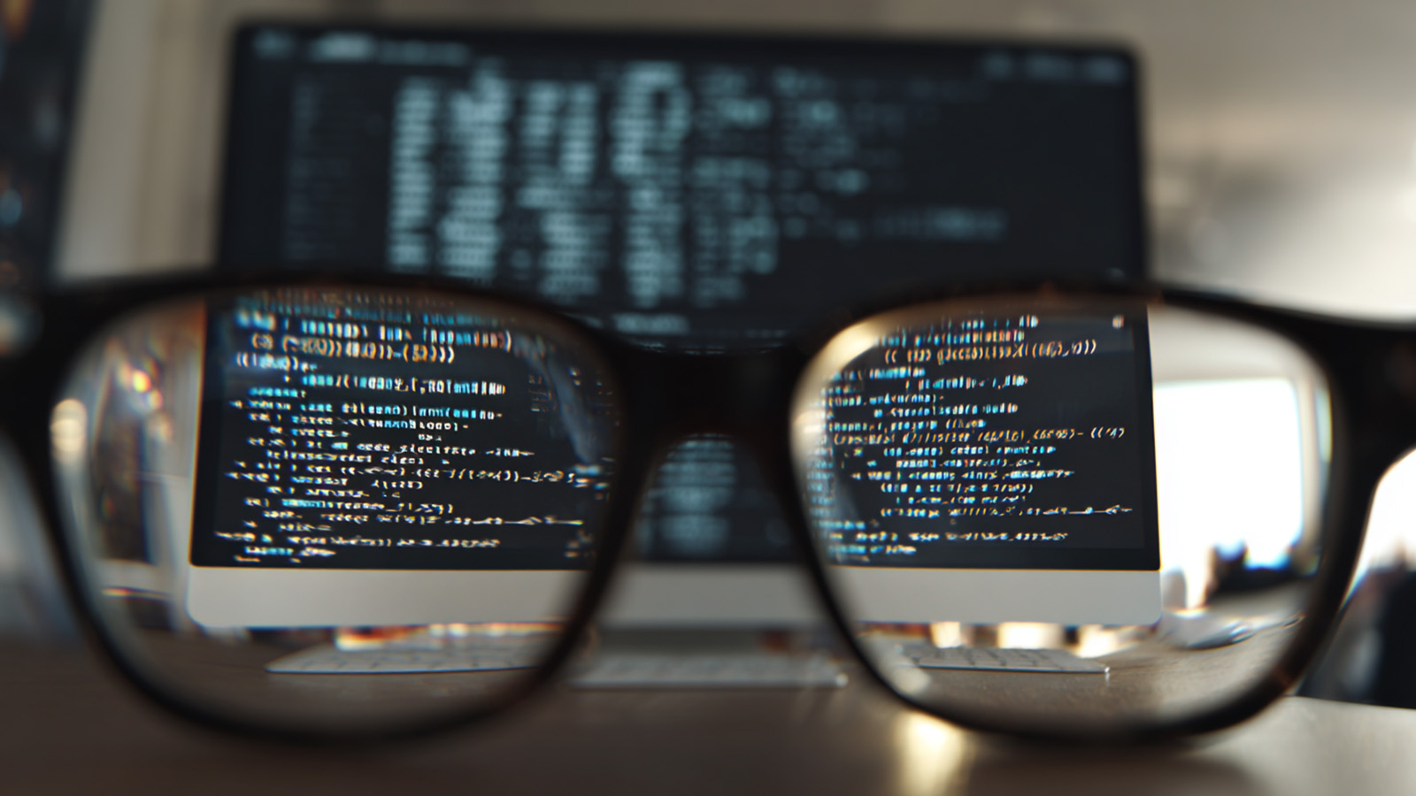 A pair of blue light blocking glasses resting on a desk in the foreground, with a computer monitor displaying lines of code blurred in the background, representing typical office use.