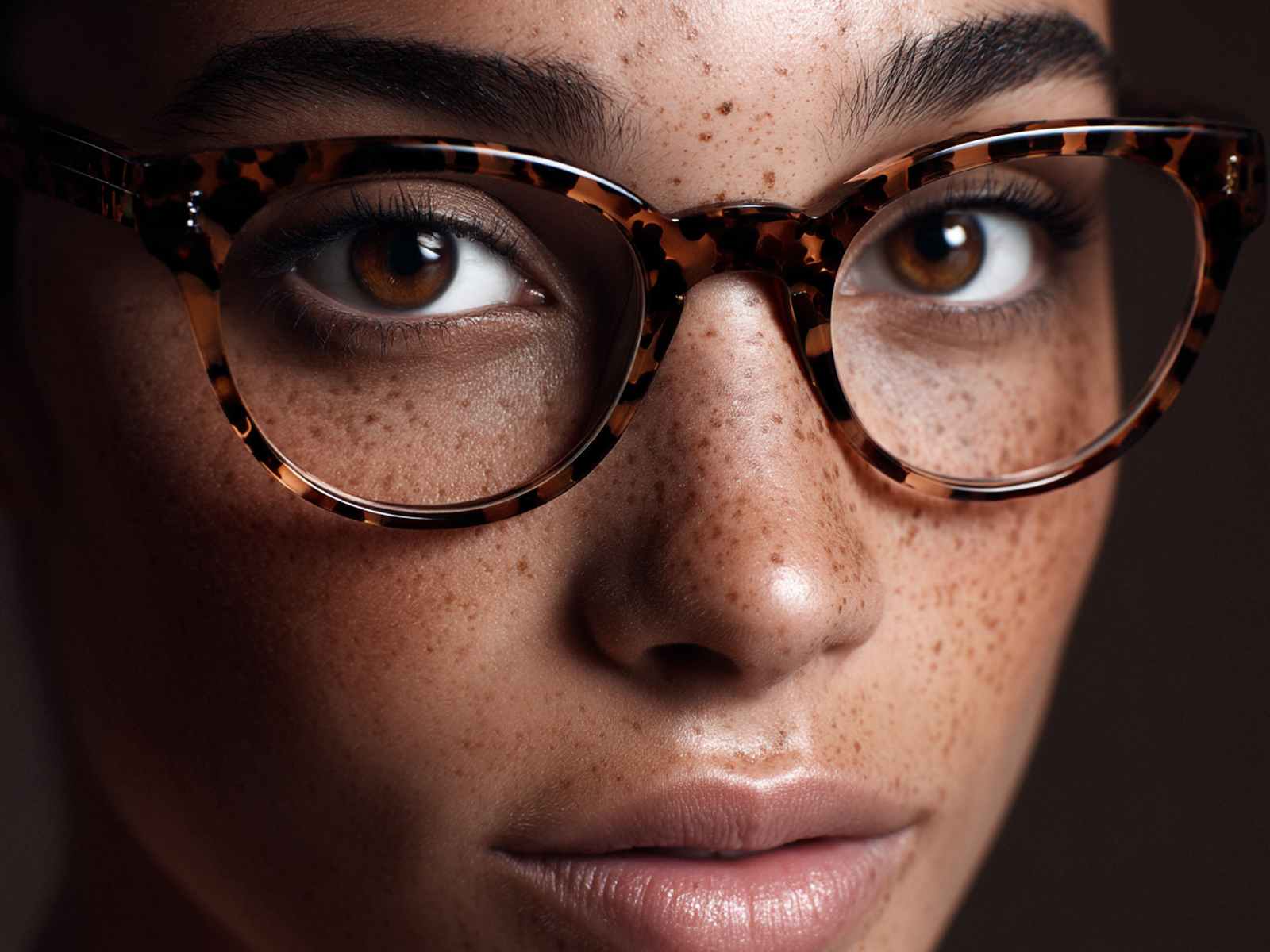 A close-up shot of a person with light brown, possibly hazel, eyes and freckles, wearing cat-eye style tortoise shell glasses.
