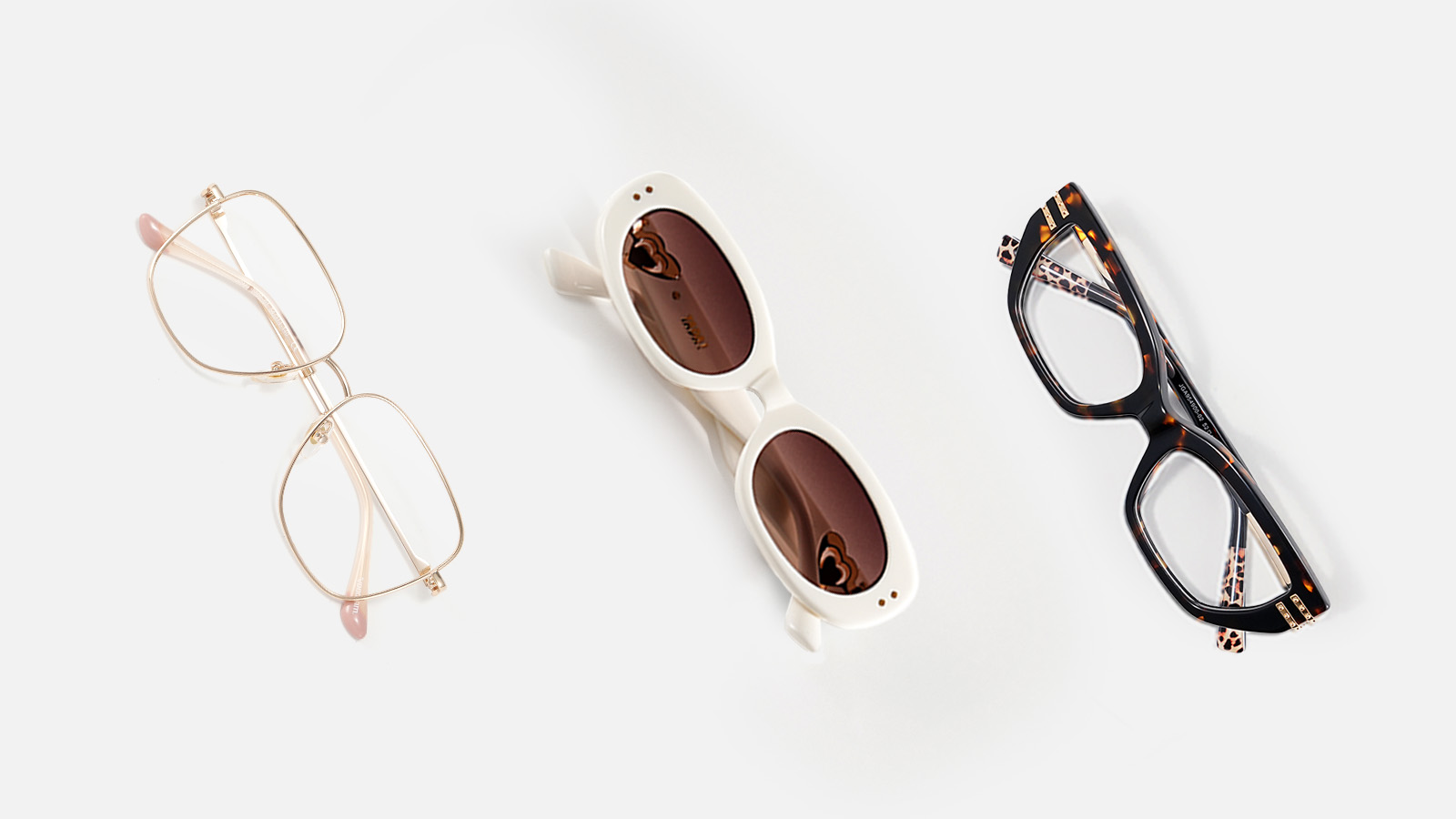 A collection of three Vooglam eyewear styles including wireframes, white sunglasses, and bold patterned frames, all eligible for FSA or HSA spending.
