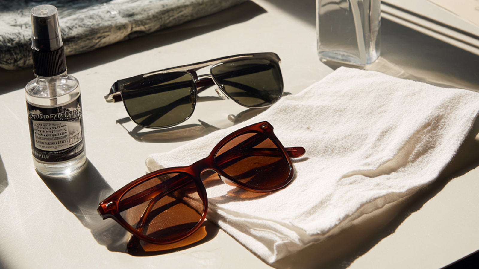 A pair of sunglasses, a bottle of lens cleaning spray, and a microfiber cloth, representing the proper tools for cleaning eyewear.