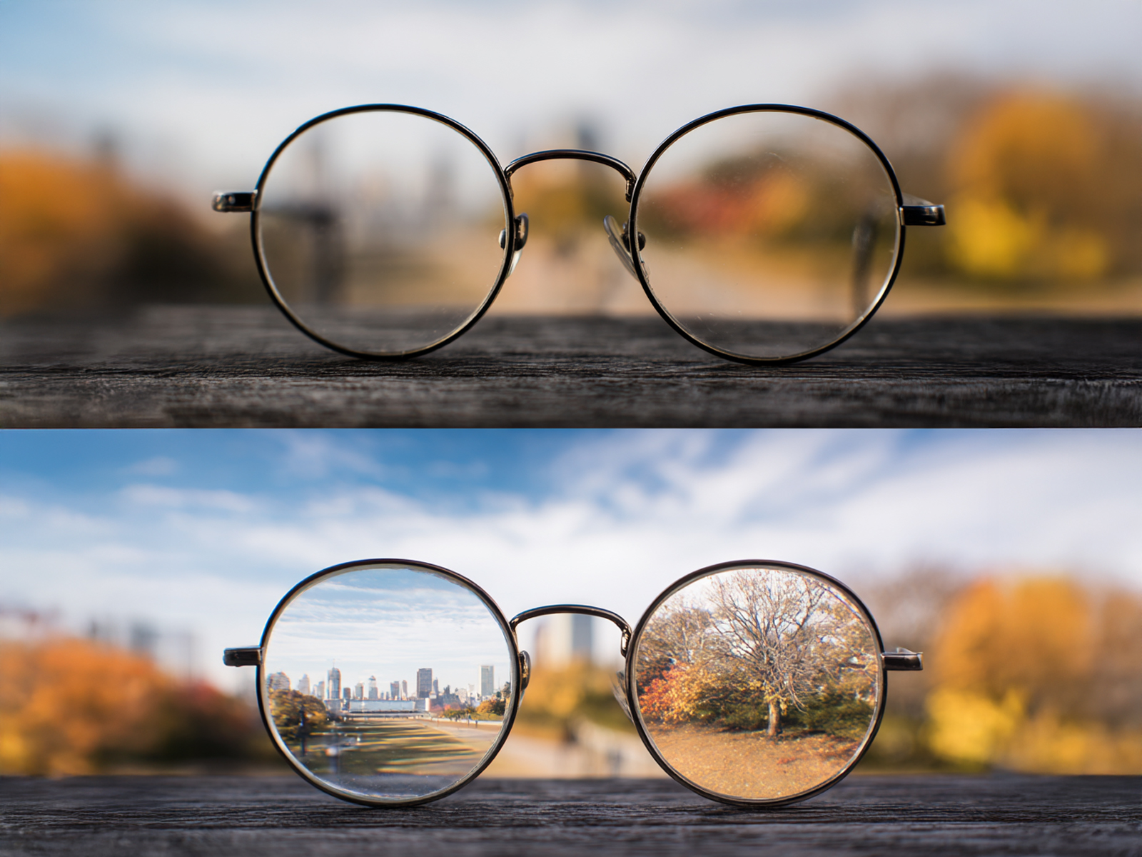 A two-panel comparison showing a pair of glasses resting on a wooden surface. The top panel shows a blurry, out-of-focus background, while the bottom panel shows a sharp, clear view of a city skyline through the lenses.
