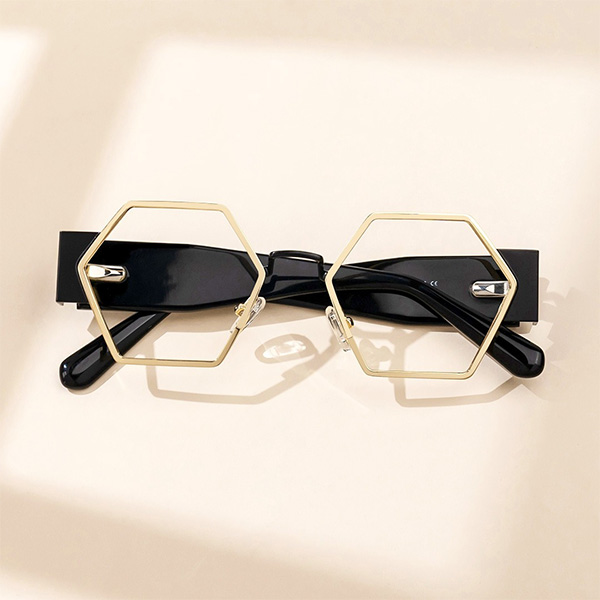 Gold hexagon geometric glasses frame with thick temples
