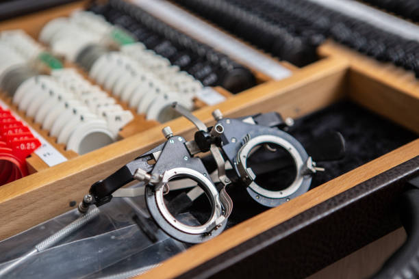 A close-up of an optometry trial frame used for eye examinations.