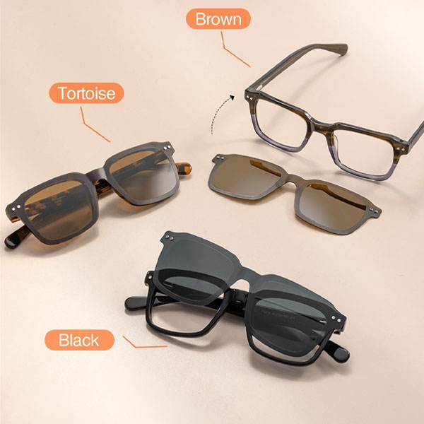 Brown/Tortoise/Black eyewear frame with snap-on magnetic sunglasses lenses