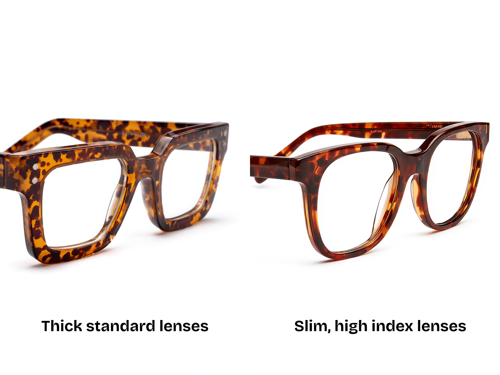 A side-by-side comparison of two tortoiseshell glasses. The one on the left is labeled 