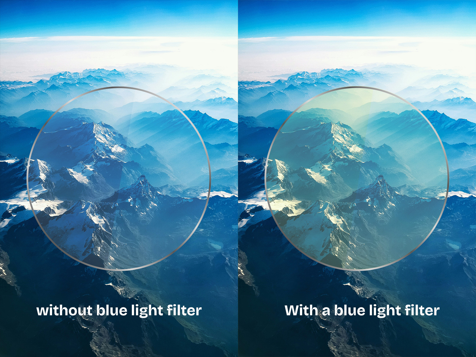 A split-screen comparison of a mountain landscape, showing the cool blue tones without a filter versus the warmer, higher-contrast view seen with a blue light filter.