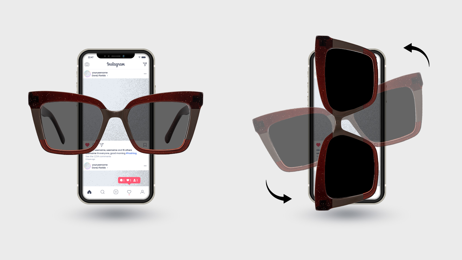 An illustration of the screen test for polarized lenses, showing sunglasses held in front of a smartphone, and how the lens turns dark when rotated 90 degrees.