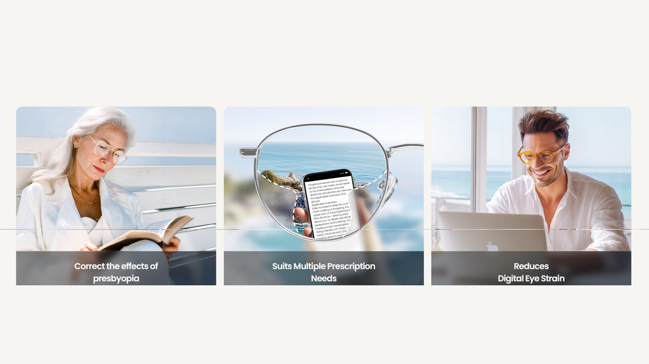 A collage demonstrating the key benefits of progressive lenses, including correcting presbyopia, suiting multiple prescription needs, and reducing digital eye strain.