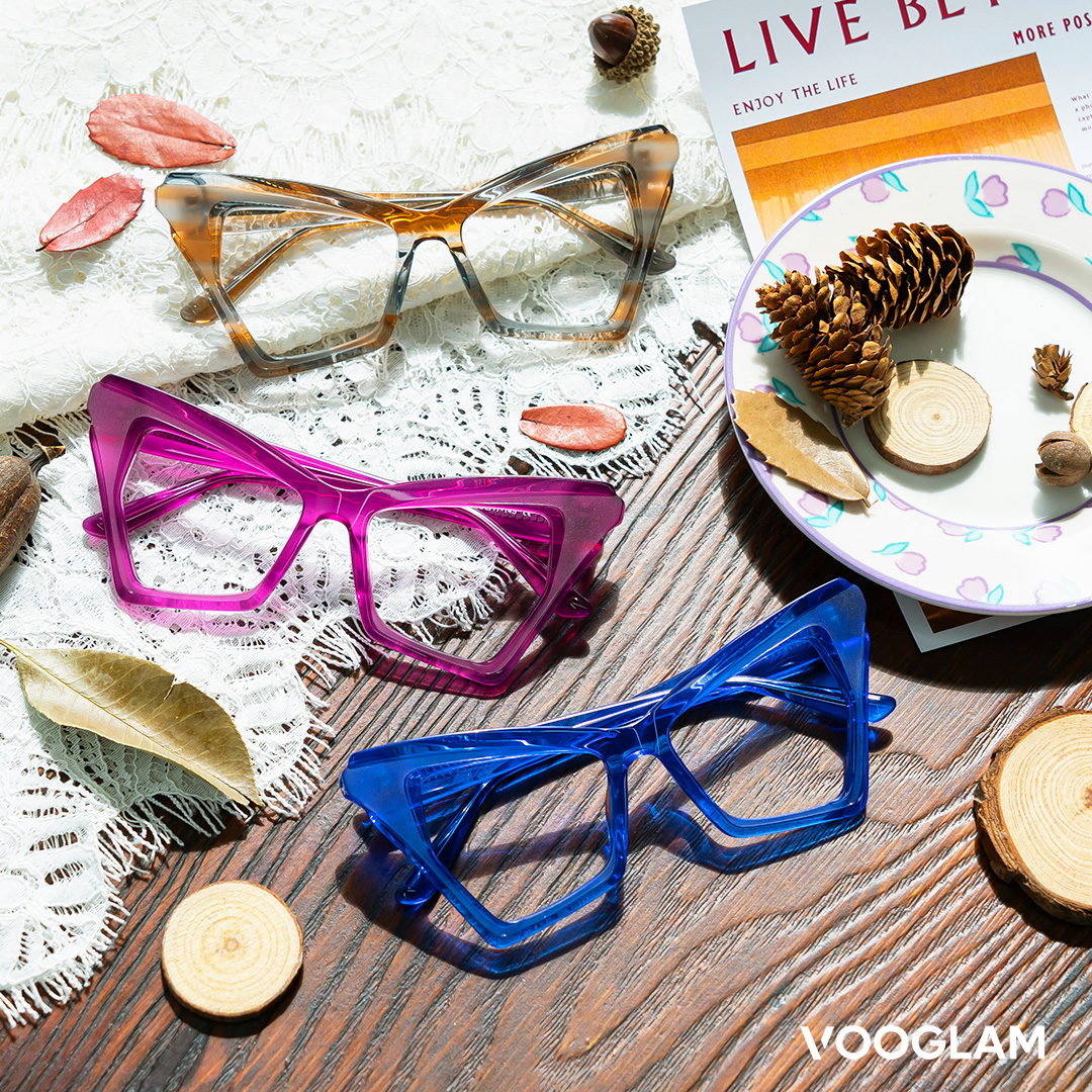 Butterfly-shaped glasses frames in three different colors from Vooglam