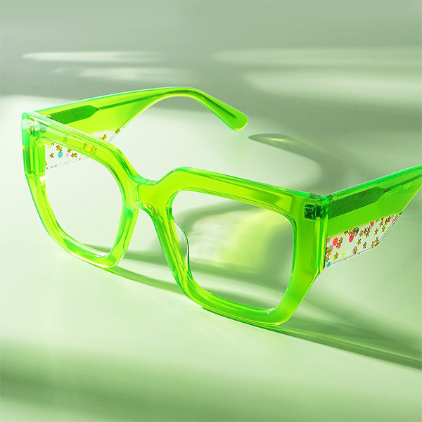 Neon lime green square-shaped glasses with a colorful glittery patter