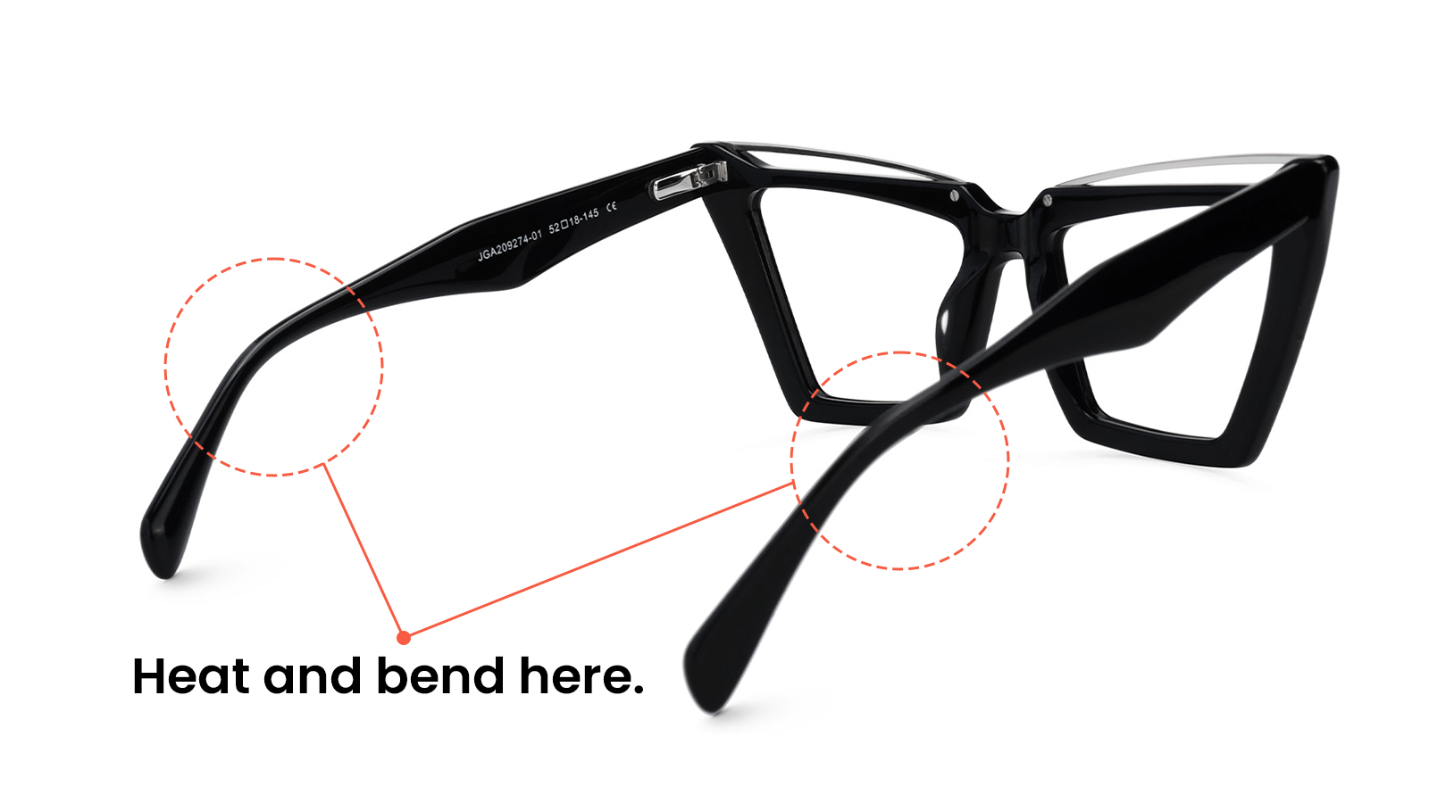 A pair of black framed glasses from behind, with red dotted circles and lines indicating the specific points on the temple arms where heat should be applied to bend them for adjustment.