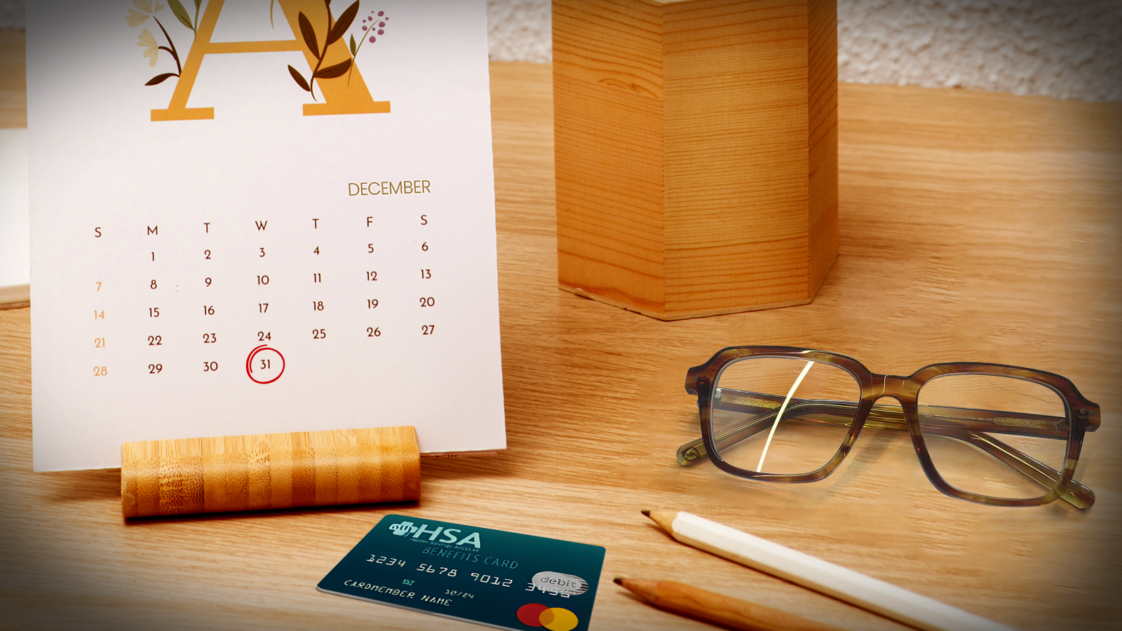 A December calendar with the 31st circled sits on a desk next to tortoiseshell glasses and an HSA card, illustrating the end-of-year deadline to spend unused health benefits.
