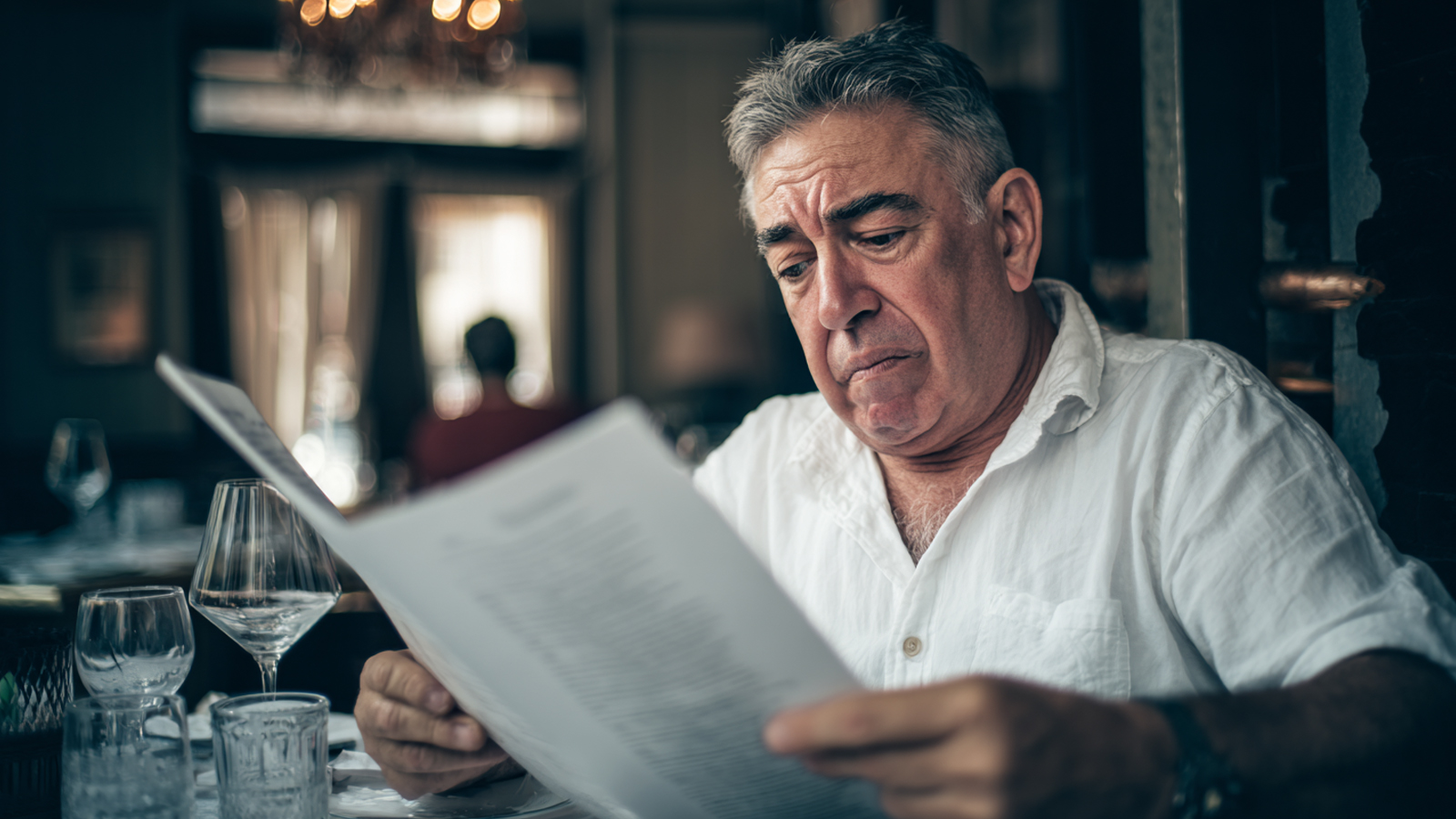 An older man in a restaurant strains his eyes to read a menu up close, a common sign of age-related vision changes like presbyopia.