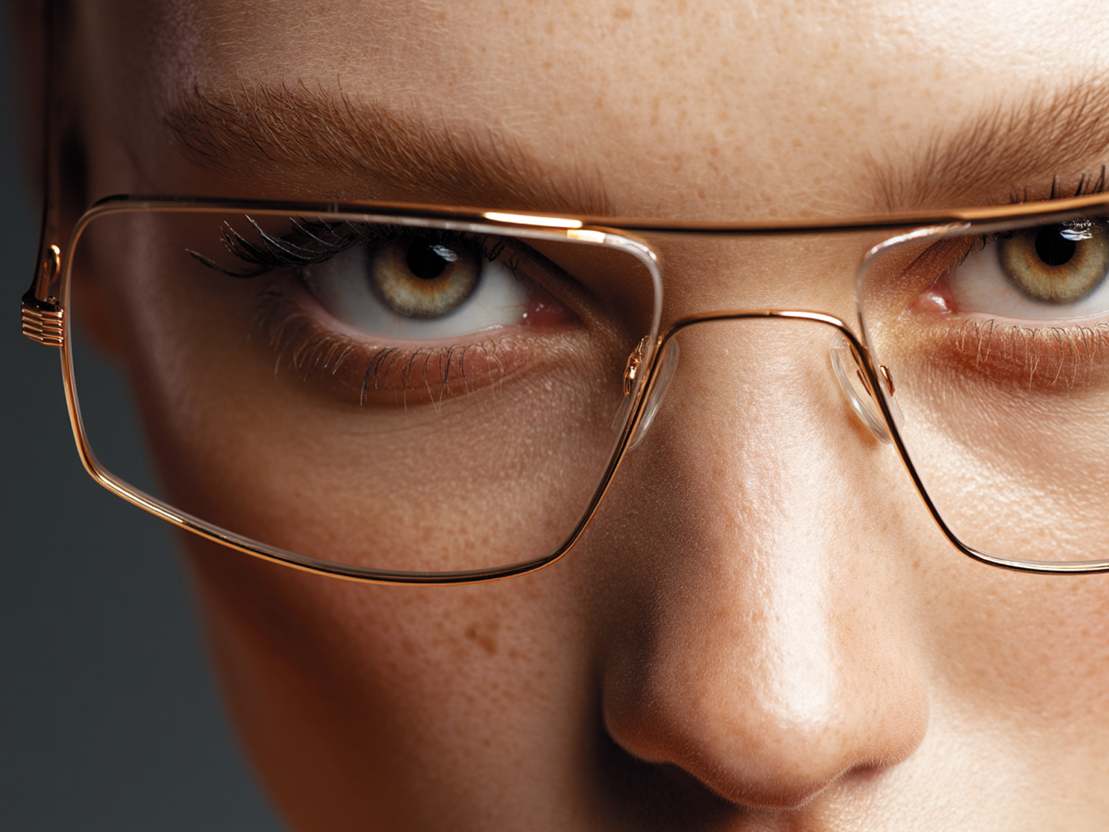A close-up image focusing on a person's light, possibly hazel, eyes, framed by sleek, gold-rimmed metal glasses.
