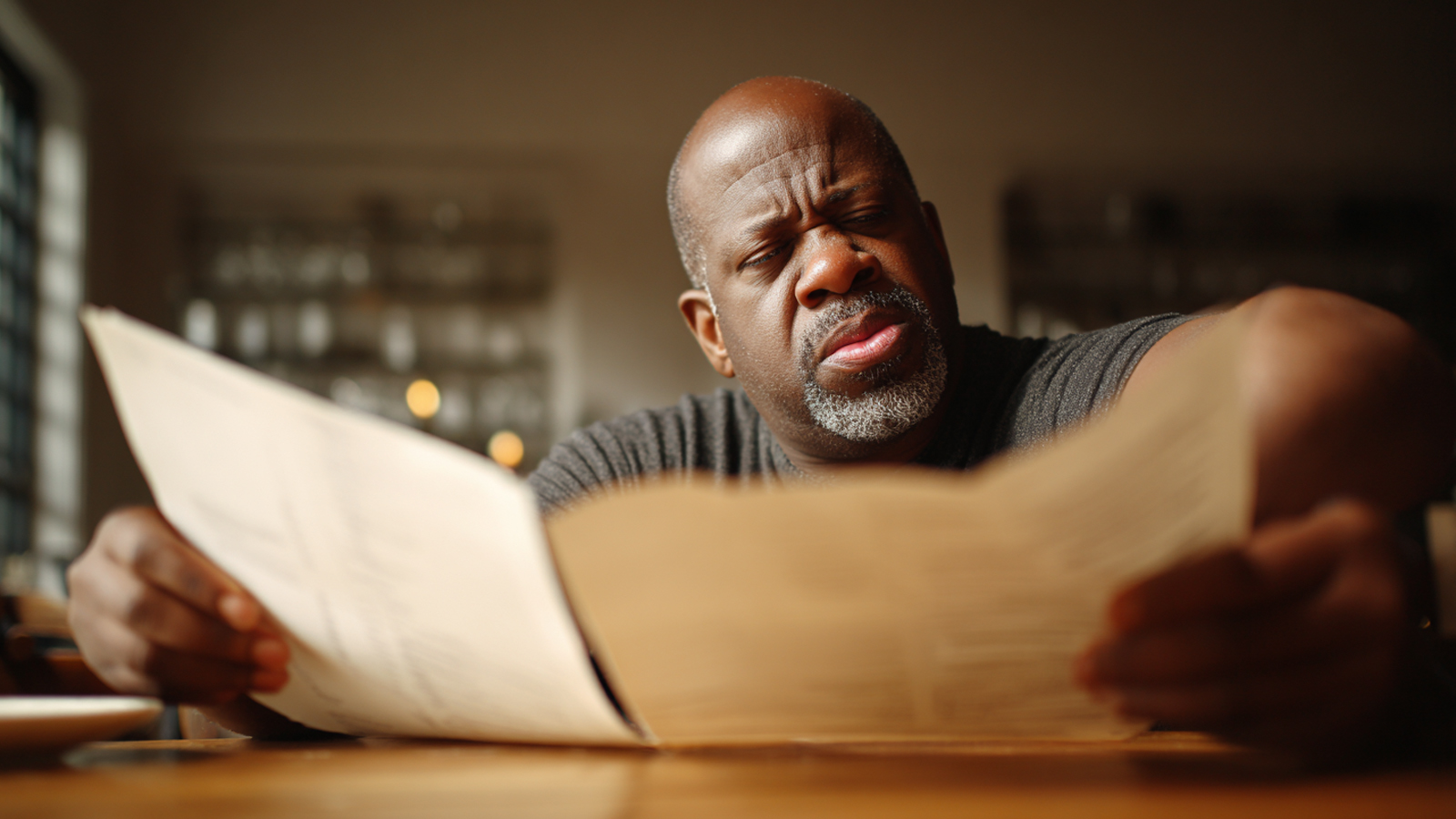 A middle-aged man squints and struggles to read a restaurant menu, illustrating the effects of uncorrected presbyopia or hyperopia.